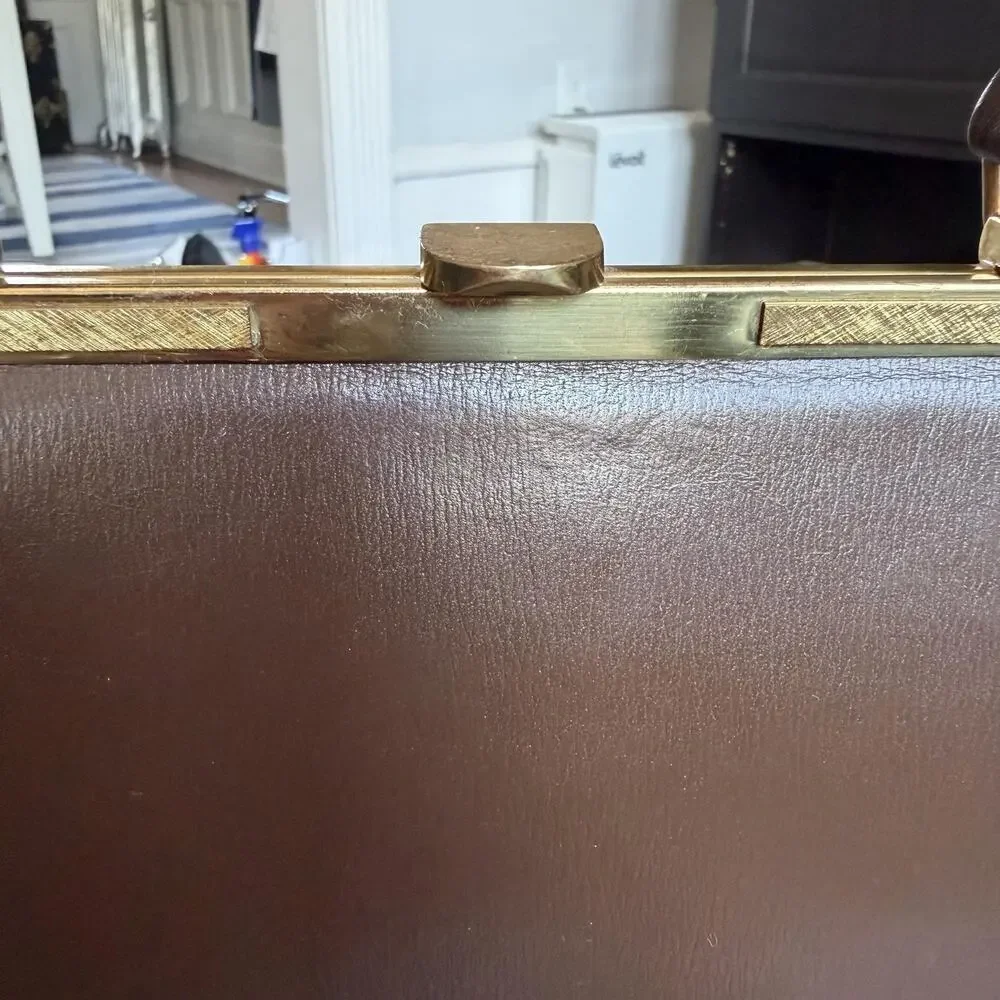 Vintage Block Top Handle Bag Womens Small Brown Leather Gold Frame Evening Purse